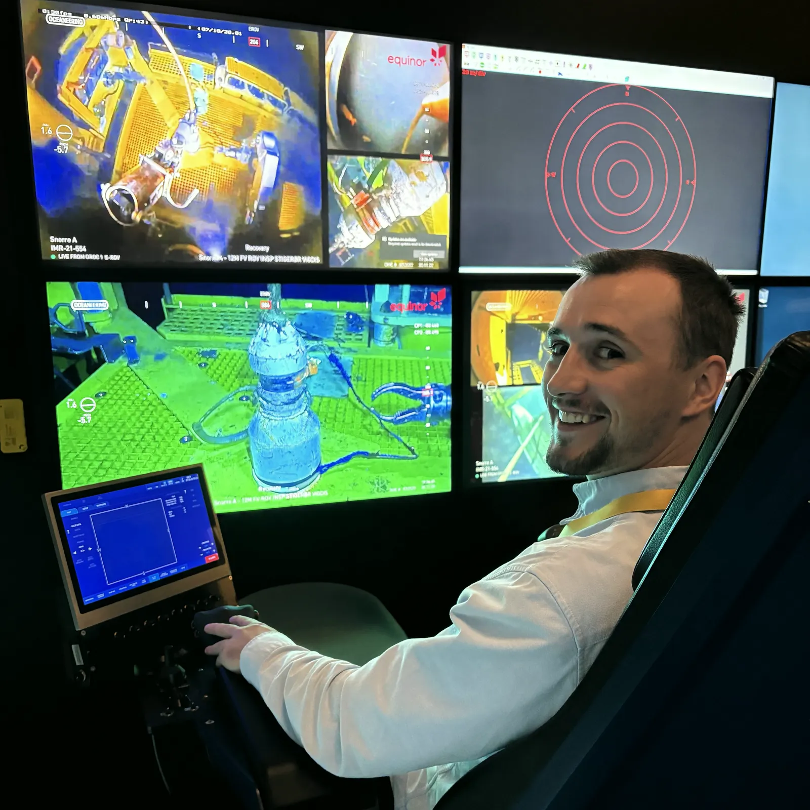Jules trying out a ground control station seat at the Oceaneering facility in Stavanger, Norway.